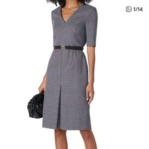 Hugo Boss Dalissa Dress Women’s US 12, purple and black patterned v-neck midi